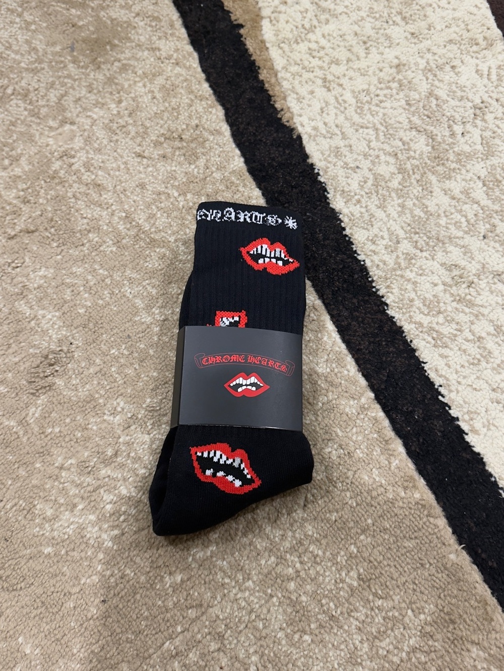 Chrome Hearts Black Socks with Red and White Lip Motif brand new